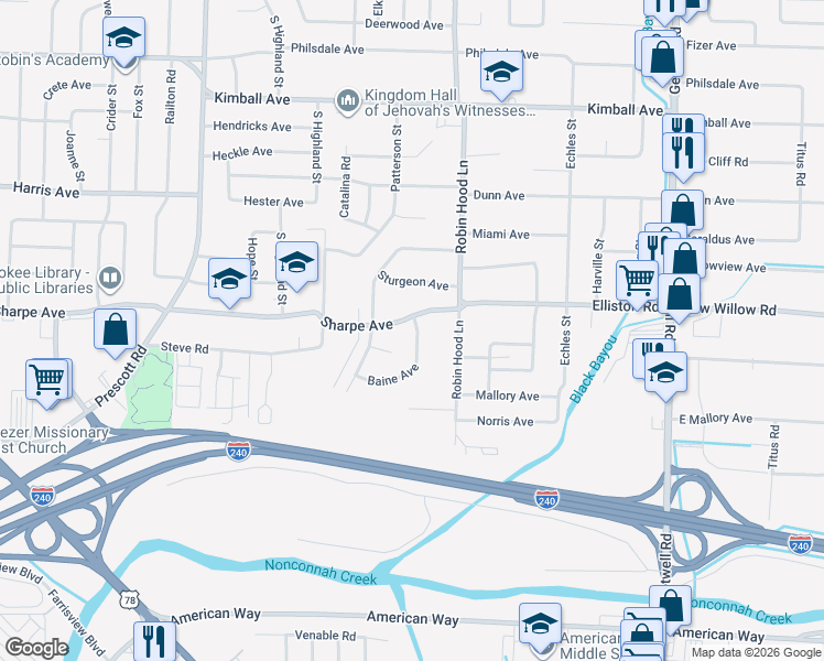 map of restaurants, bars, coffee shops, grocery stores, and more near 3640 Sharpe Avenue in Memphis