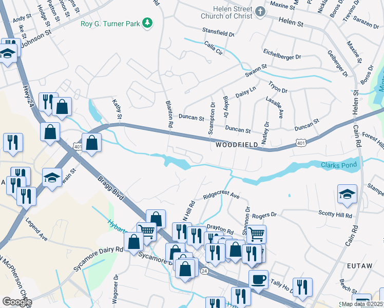 map of restaurants, bars, coffee shops, grocery stores, and more near 3374 Galleria Drive in Fayetteville