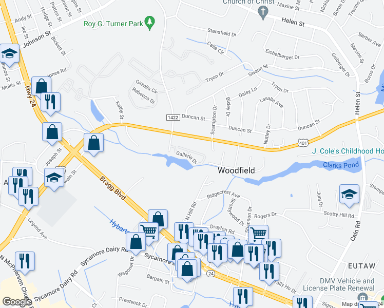 map of restaurants, bars, coffee shops, grocery stores, and more near 3374 Galleria Drive in Fayetteville