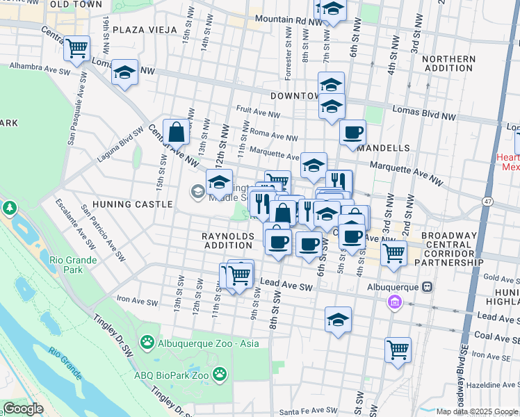 map of restaurants, bars, coffee shops, grocery stores, and more near 901 Park Avenue Southwest in Albuquerque