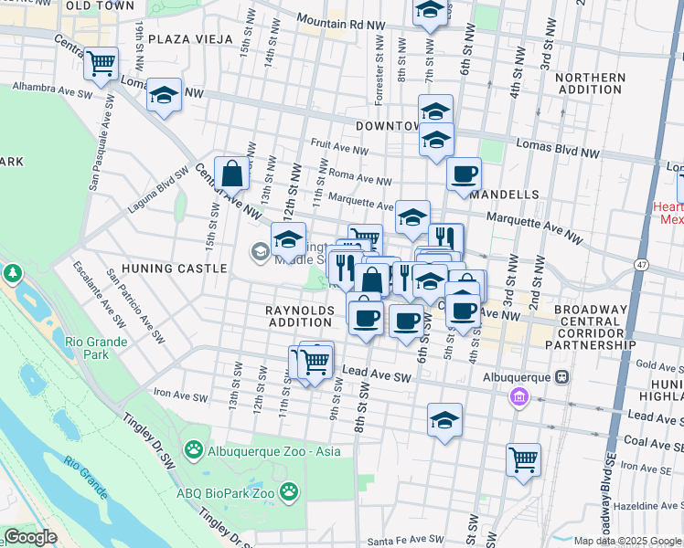 map of restaurants, bars, coffee shops, grocery stores, and more near 901 Park Avenue Southwest in Albuquerque