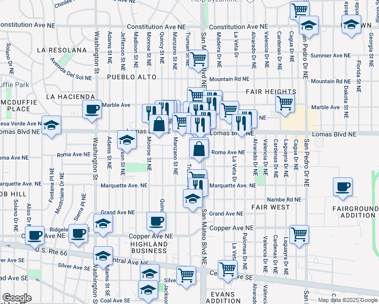 map of restaurants, bars, coffee shops, grocery stores, and more near 933 San Mateo Boulevard Northeast in Albuquerque