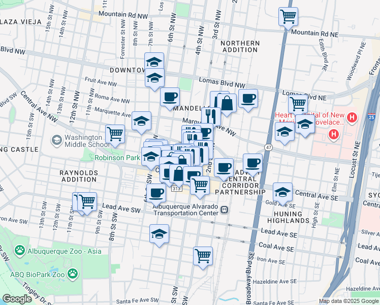 map of restaurants, bars, coffee shops, grocery stores, and more near 40 First Plaza Center Northwest in Albuquerque