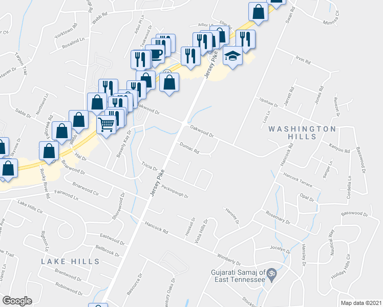map of restaurants, bars, coffee shops, grocery stores, and more near 4511 Dumac Road in Chattanooga