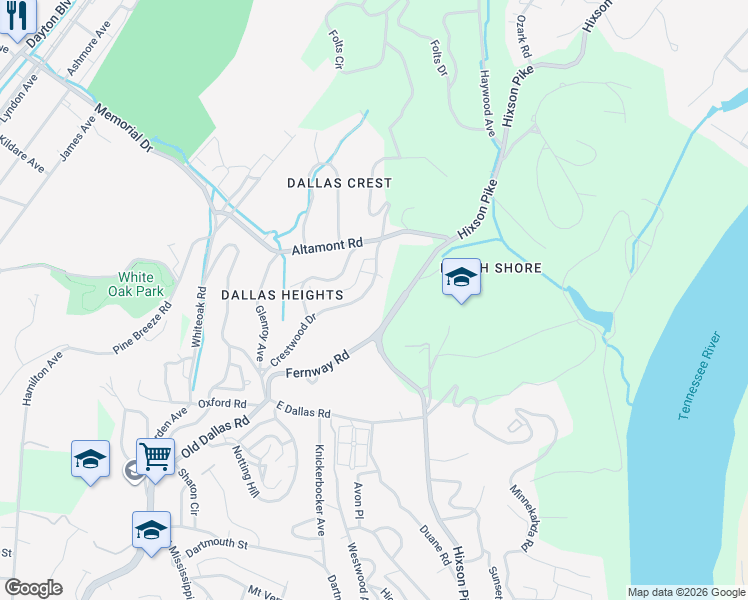 map of restaurants, bars, coffee shops, grocery stores, and more near 1836 Crestwood Drive in Chattanooga
