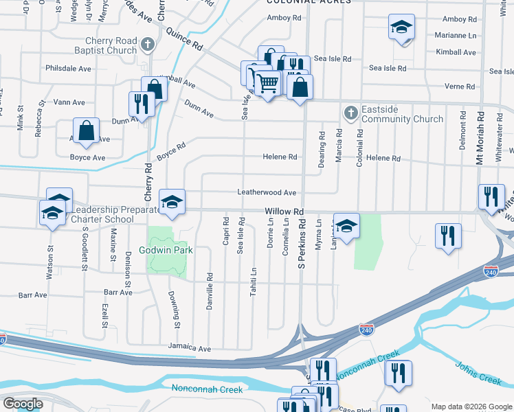 map of restaurants, bars, coffee shops, grocery stores, and more near 4563 Leatherwood Avenue in Memphis