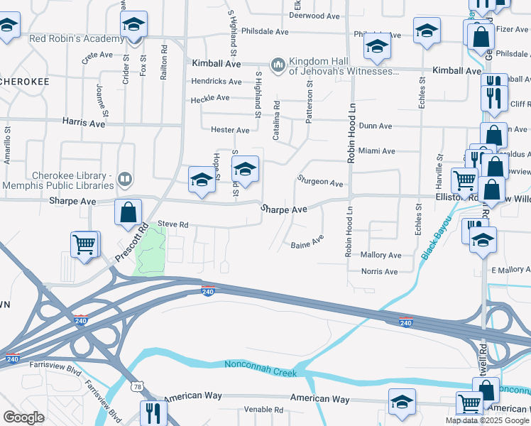 map of restaurants, bars, coffee shops, grocery stores, and more near 3550 Sharpe Avenue in Memphis