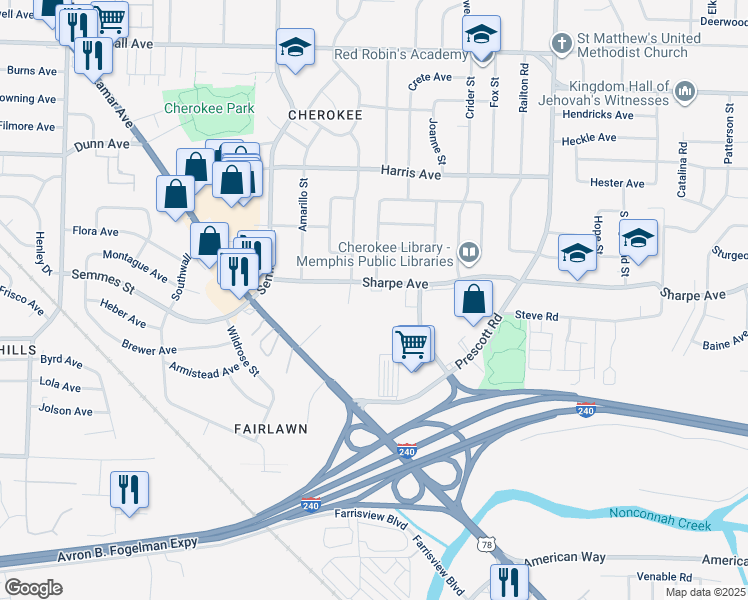 map of restaurants, bars, coffee shops, grocery stores, and more near 3184 Sharpe Avenue in Memphis
