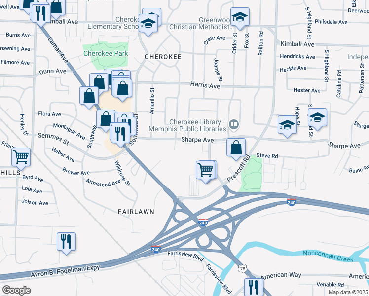 map of restaurants, bars, coffee shops, grocery stores, and more near 3125 Sharpe Avenue in Memphis