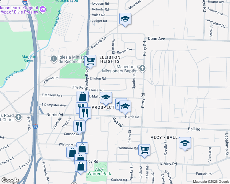 map of restaurants, bars, coffee shops, grocery stores, and more near 1434 Eloise Road in Memphis
