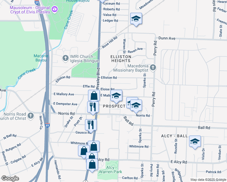 map of restaurants, bars, coffee shops, grocery stores, and more near 1397 Effie Road in Memphis
