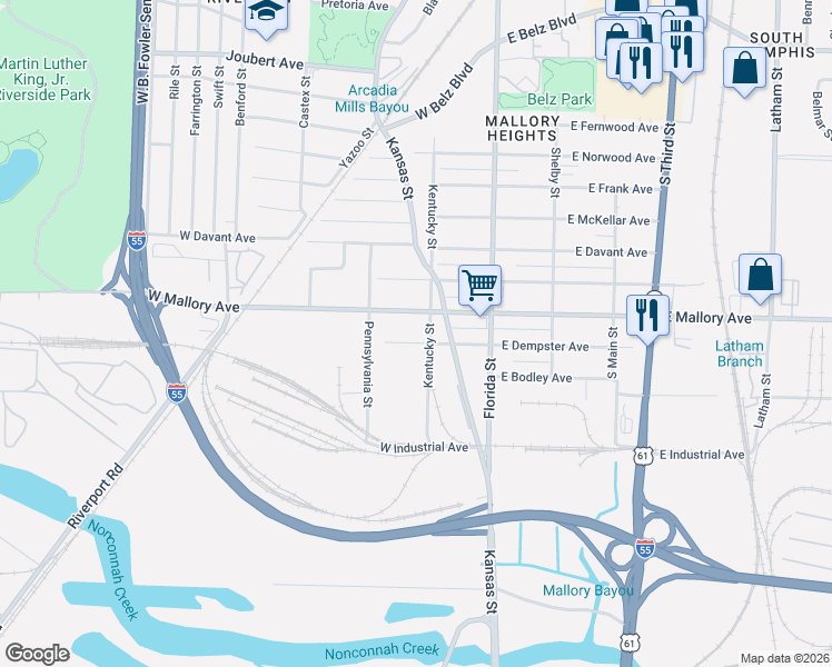 map of restaurants, bars, coffee shops, grocery stores, and more near 95 West Mallory Avenue in Memphis