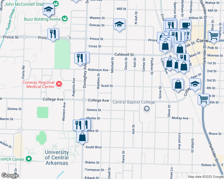 map of restaurants, bars, coffee shops, grocery stores, and more near 1830 Scott Street in Conway