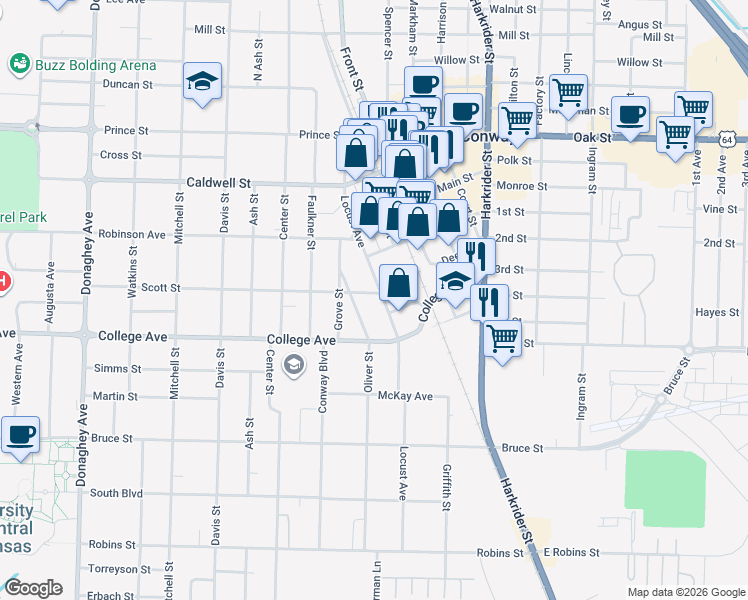 map of restaurants, bars, coffee shops, grocery stores, and more near 567 Locust Street in Conway