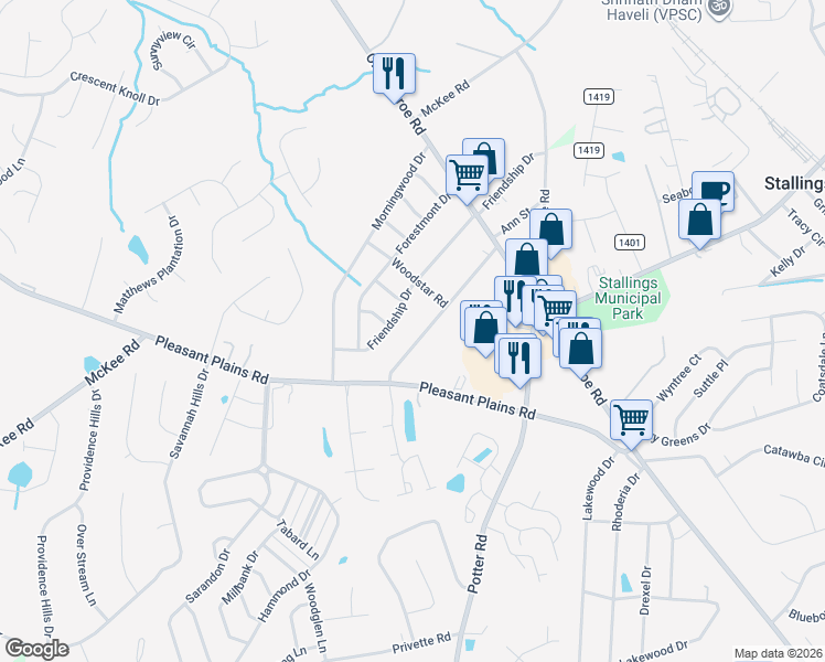 map of restaurants, bars, coffee shops, grocery stores, and more near 509 Friendship Drive in Matthews