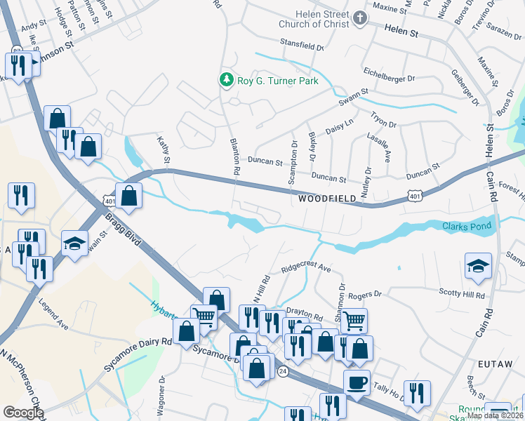 map of restaurants, bars, coffee shops, grocery stores, and more near 3374 Galleria Drive in Fayetteville