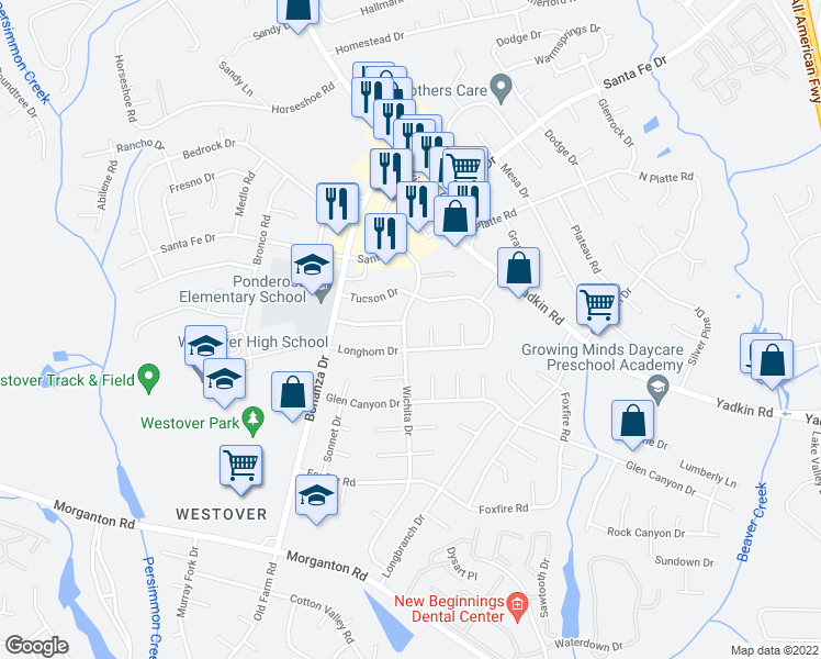 map of restaurants, bars, coffee shops, grocery stores, and more near 5410 Wichita Drive in Fayetteville