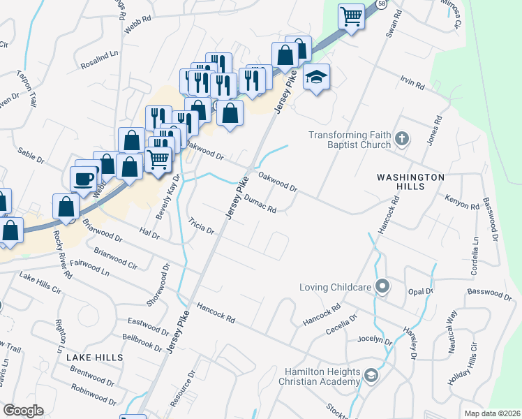 map of restaurants, bars, coffee shops, grocery stores, and more near 4511 Dumac Road in Chattanooga