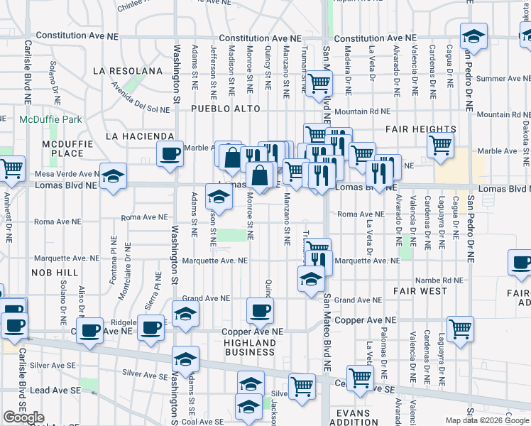 map of restaurants, bars, coffee shops, grocery stores, and more near 4914 Lomas Boulevard Northeast in Albuquerque