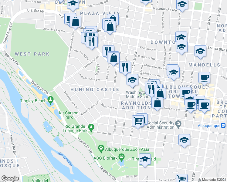 map of restaurants, bars, coffee shops, grocery stores, and more near Park Ave SW & 14th St SW in Albuquerque