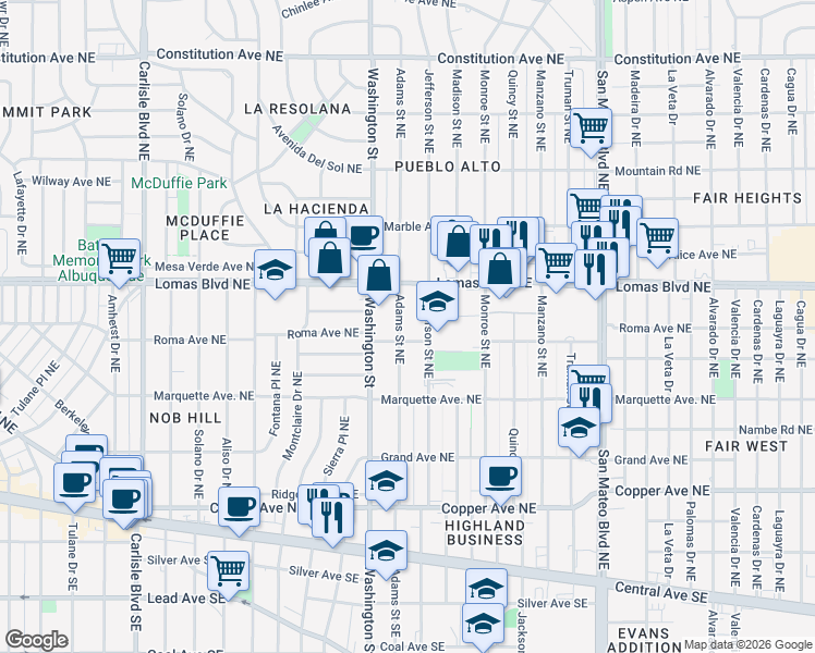 map of restaurants, bars, coffee shops, grocery stores, and more near 510 Adams Street in Albuquerque