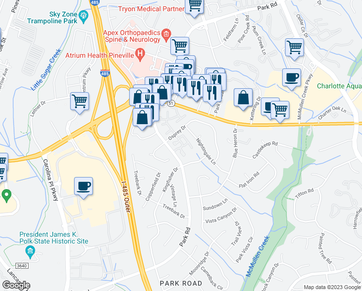 map of restaurants, bars, coffee shops, grocery stores, and more near 11009 Hunter Trail Lane in Charlotte