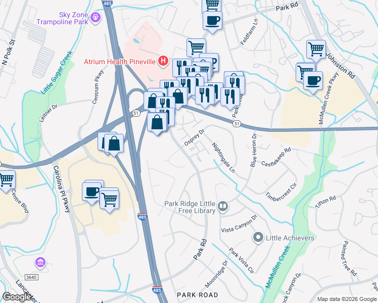 map of restaurants, bars, coffee shops, grocery stores, and more near in Charlotte