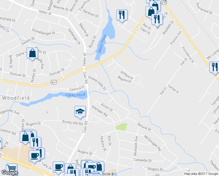 map of restaurants, bars, coffee shops, grocery stores, and more near 2018 Forest Hills Dr in Fayetteville