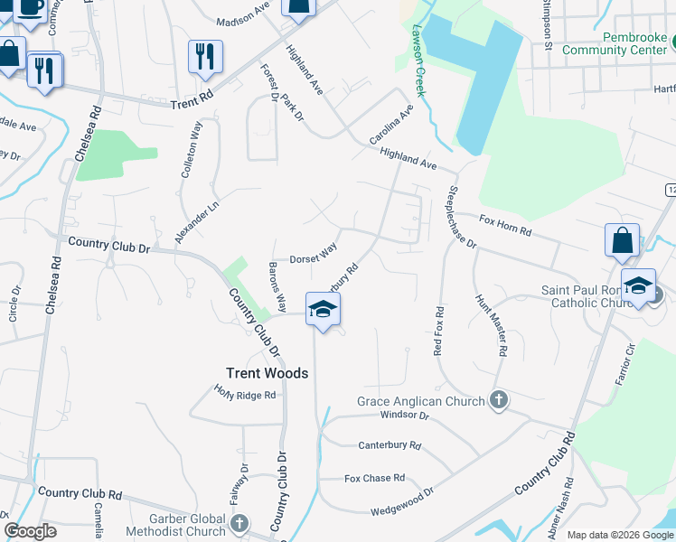 map of restaurants, bars, coffee shops, grocery stores, and more near 914 Dorset Way in Trent Woods