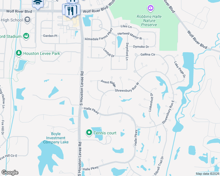 map of restaurants, bars, coffee shops, grocery stores, and more near 10139 Avent Ridge in Collierville