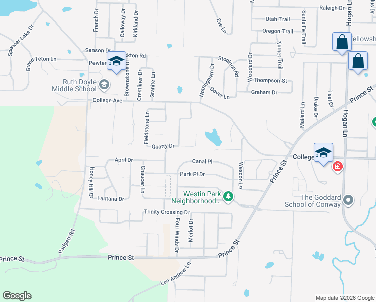 map of restaurants, bars, coffee shops, grocery stores, and more near 4910 Quarry Drive in Conway