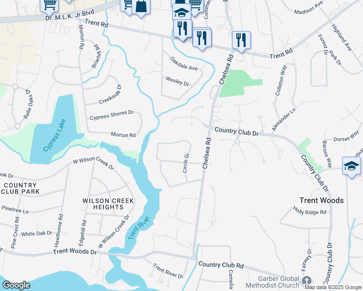 map of restaurants, bars, coffee shops, grocery stores, and more near 720 Circle Drive in Trent Woods