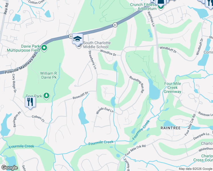 map of restaurants, bars, coffee shops, grocery stores, and more near 4139 North Course Drive in Charlotte