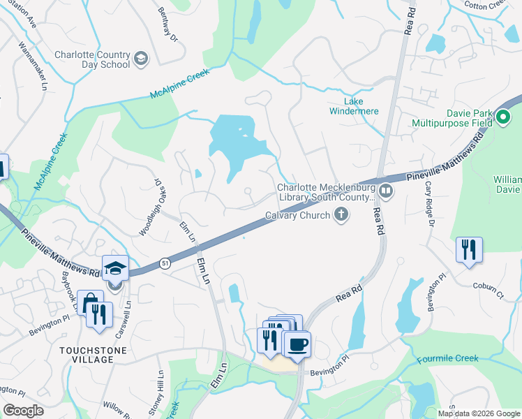 map of restaurants, bars, coffee shops, grocery stores, and more near 5707 Old Well House Road in Charlotte