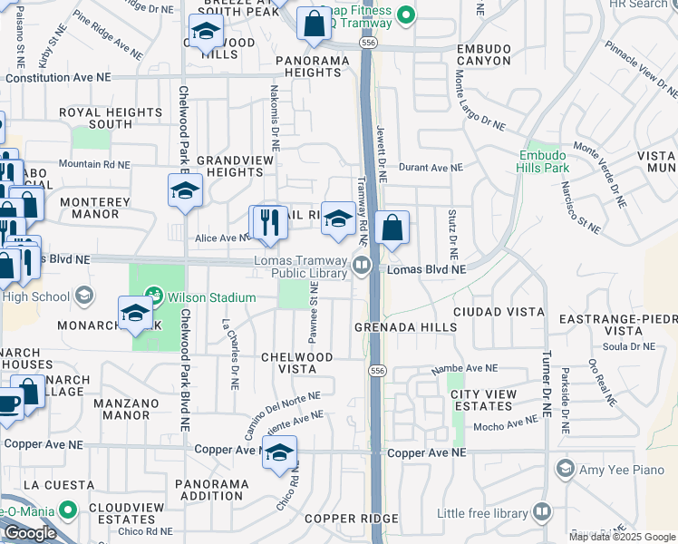 map of restaurants, bars, coffee shops, grocery stores, and more near 13201 Lomas Boulevard Northeast in Albuquerque