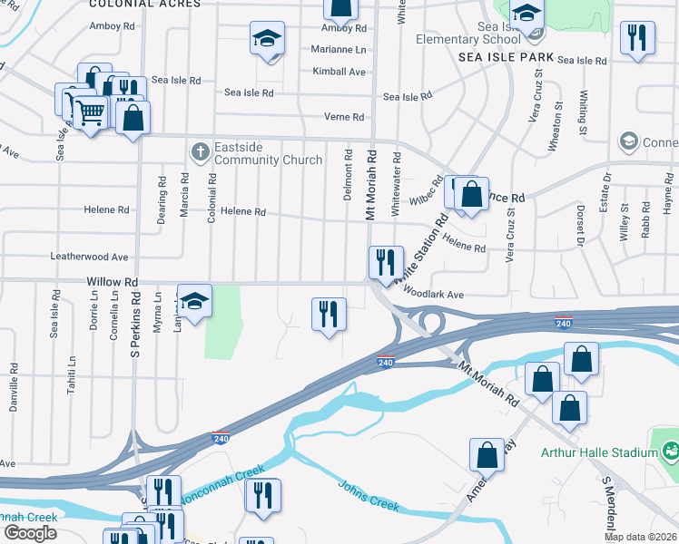 map of restaurants, bars, coffee shops, grocery stores, and more near 1654 Cranford Road in Memphis