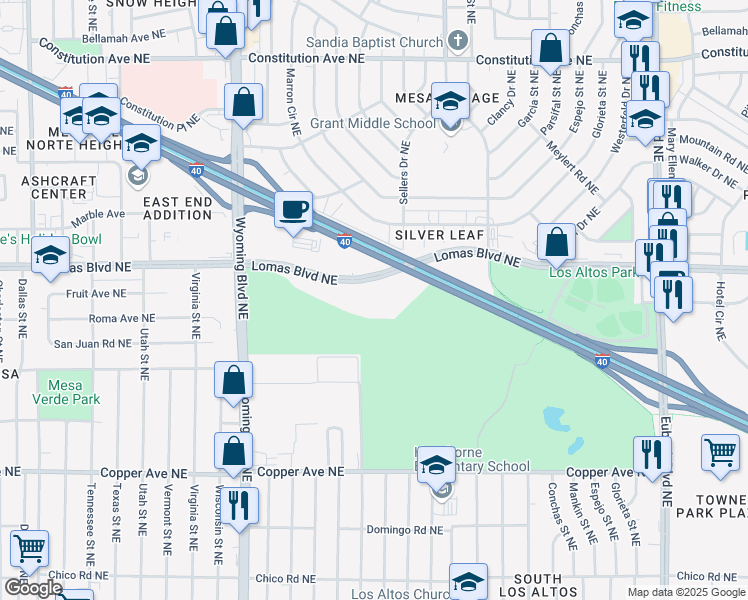map of restaurants, bars, coffee shops, grocery stores, and more near 8920 Lomas Boulevard Northeast in Albuquerque