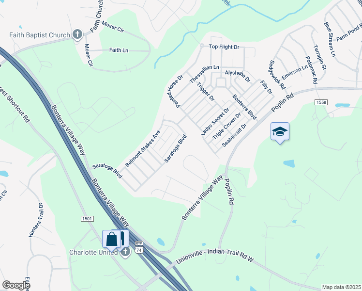 map of restaurants, bars, coffee shops, grocery stores, and more near 1518 Saratoga Boulevard in Indian Trail