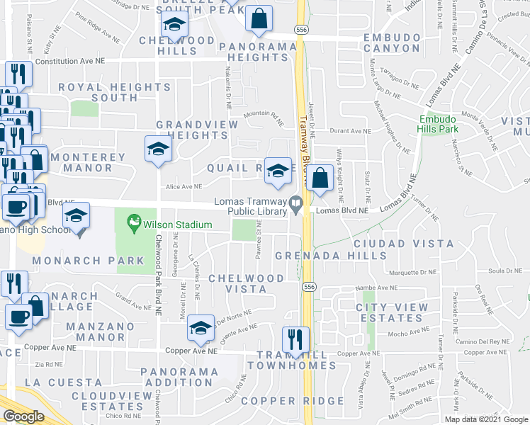map of restaurants, bars, coffee shops, grocery stores, and more near 920 Pawnee Street Northeast in Albuquerque