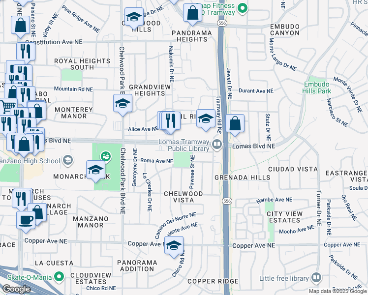 map of restaurants, bars, coffee shops, grocery stores, and more near 13101 Fruit Avenue Northeast in Albuquerque