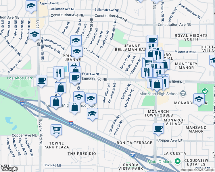 map of restaurants, bars, coffee shops, grocery stores, and more near 841 Marcella Street Northeast in Albuquerque