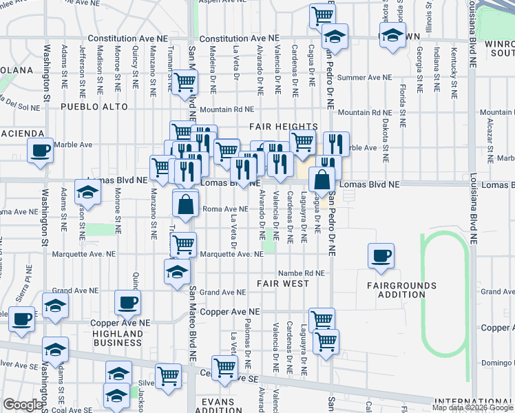 map of restaurants, bars, coffee shops, grocery stores, and more near 908 Palomas Drive Northeast in Albuquerque