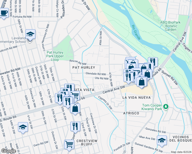 map of restaurants, bars, coffee shops, grocery stores, and more near 4908 Glendale Road Northwest in Albuquerque
