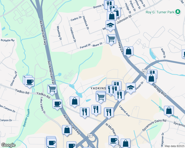map of restaurants, bars, coffee shops, grocery stores, and more near 623 Adair Street in Fayetteville