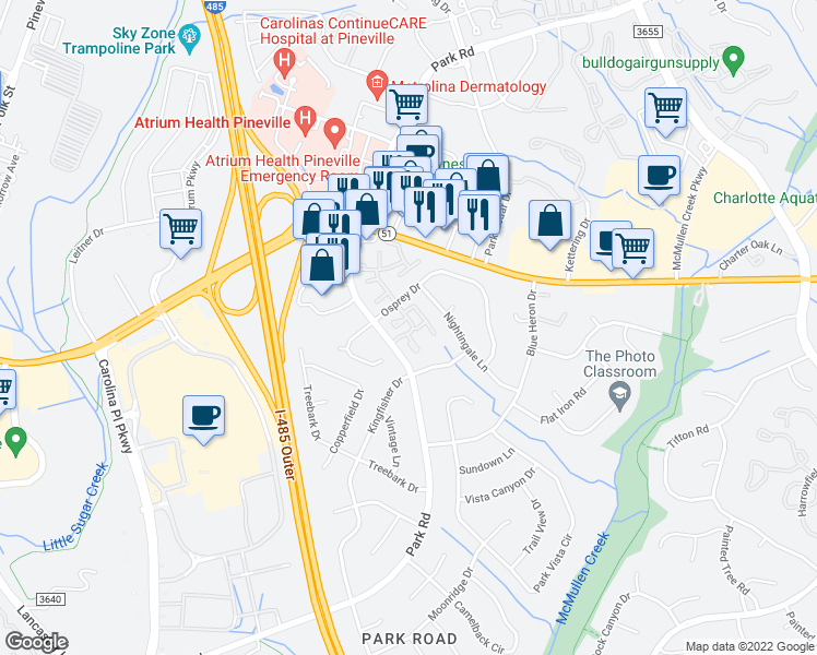 map of restaurants, bars, coffee shops, grocery stores, and more near 11009 Hunter Trail Lane in Charlotte