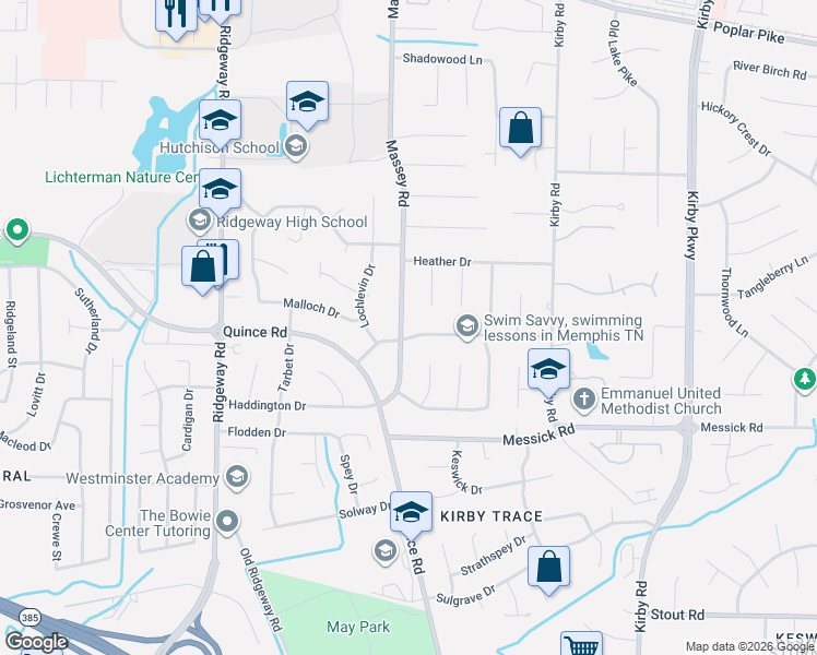 map of restaurants, bars, coffee shops, grocery stores, and more near 2290 Massey Road in Memphis