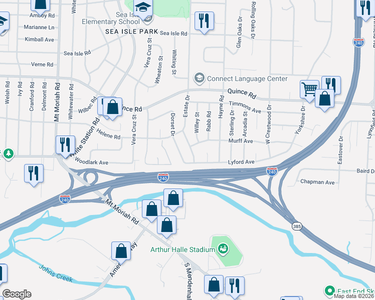 map of restaurants, bars, coffee shops, grocery stores, and more near 1652 Estate Drive in Memphis