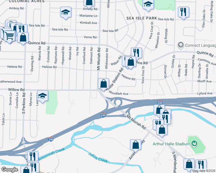 map of restaurants, bars, coffee shops, grocery stores, and more near 1656 Whitewater Road in Memphis