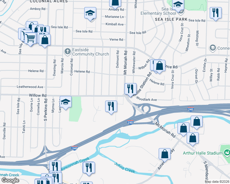 map of restaurants, bars, coffee shops, grocery stores, and more near 1654 Cranford Road in Memphis