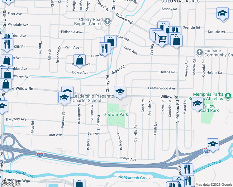 map of restaurants, bars, coffee shops, grocery stores, and more near 4389 Leatherwood Avenue in Memphis